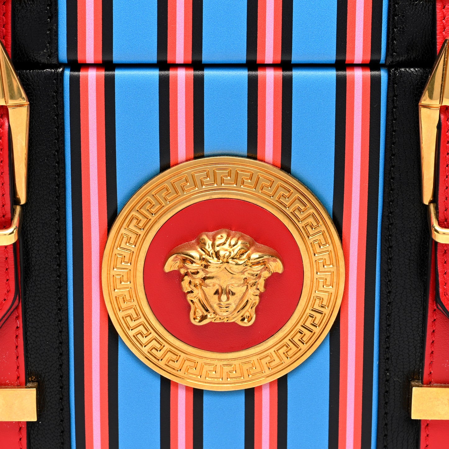 Calfskin Medusa Vanity Stripe Train Case Blue Red Multicolor