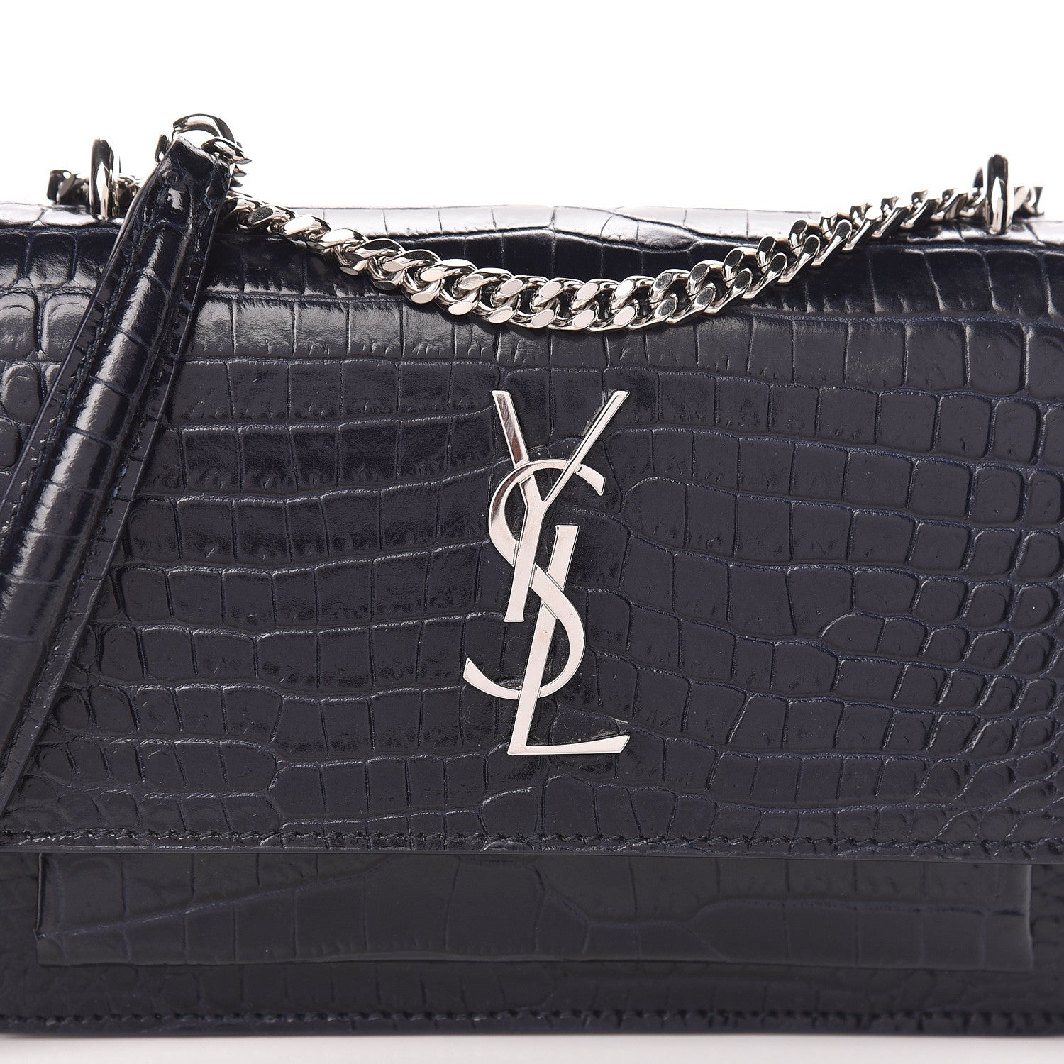 Saint Laurent Calfskin Crocodile Embossed Monogram Sunset Chain Wallet Navy 10 of 10