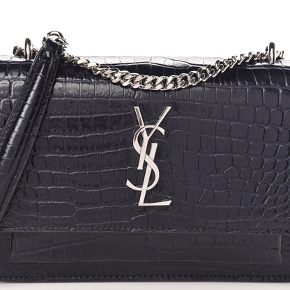Saint Laurent Calfskin Crocodile Embossed Monogram Sunset Chain Wallet Navy 10 of 10