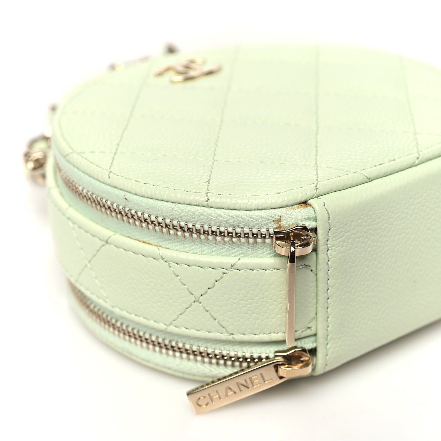 Caviar Quilted Round Handle With Care Vanity With Chain Light Green