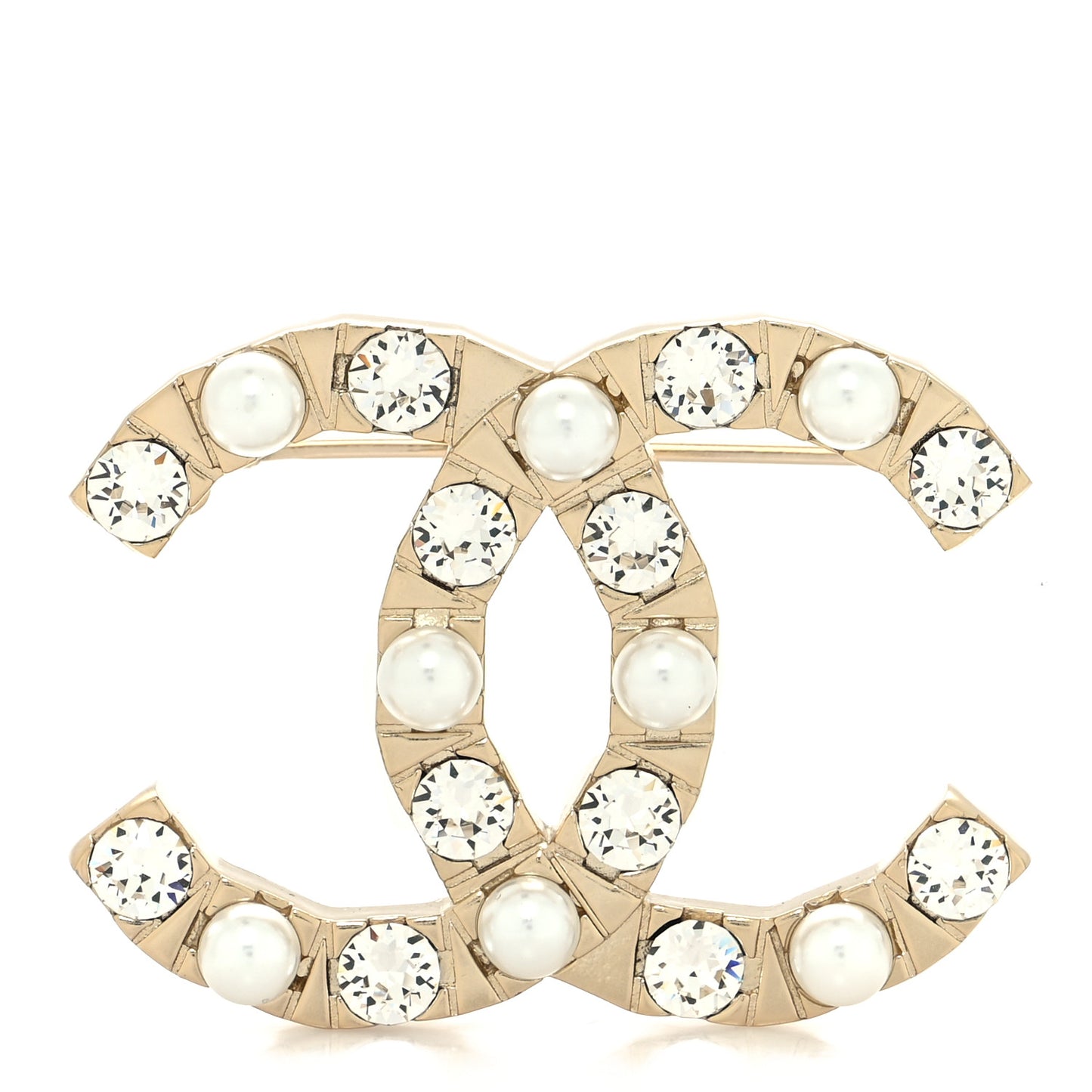 Metal Pearl Crystal CC Brooch Gold