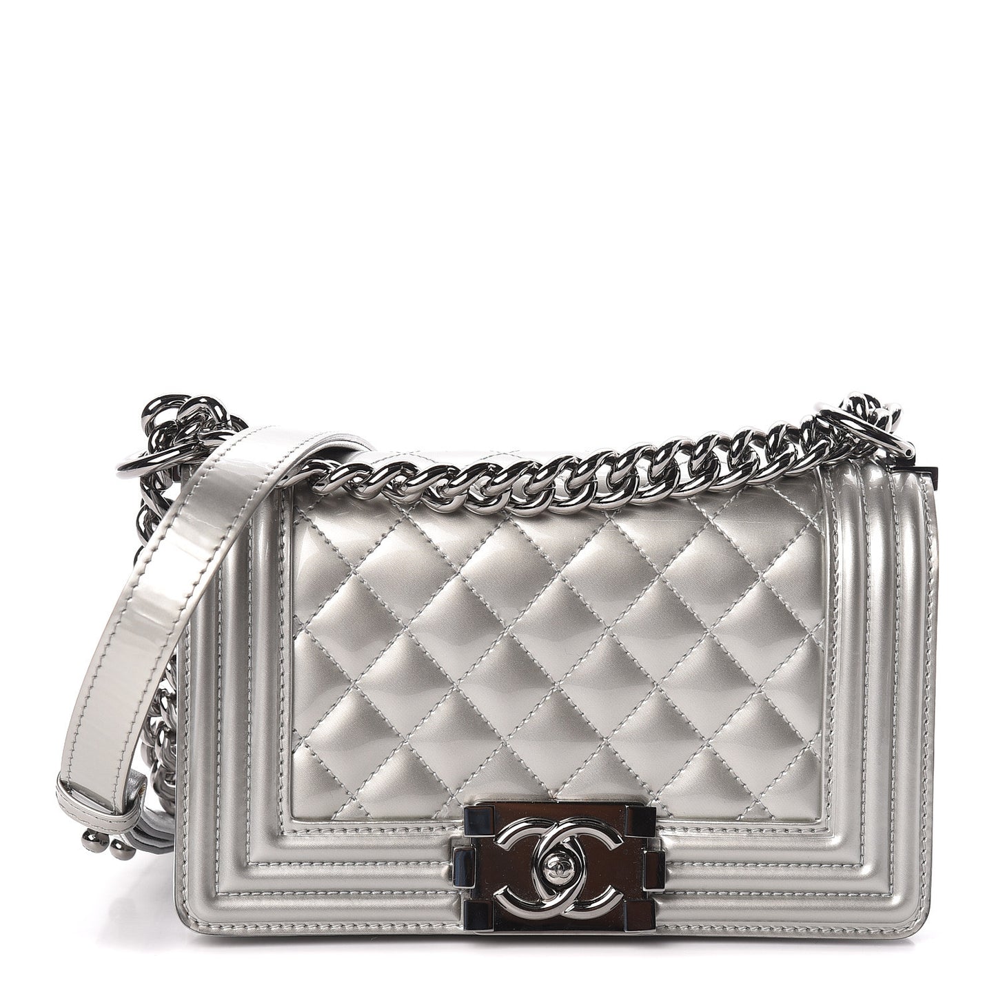 Metallic Patent Calfskin Quilted Small Boy Flap Silver
