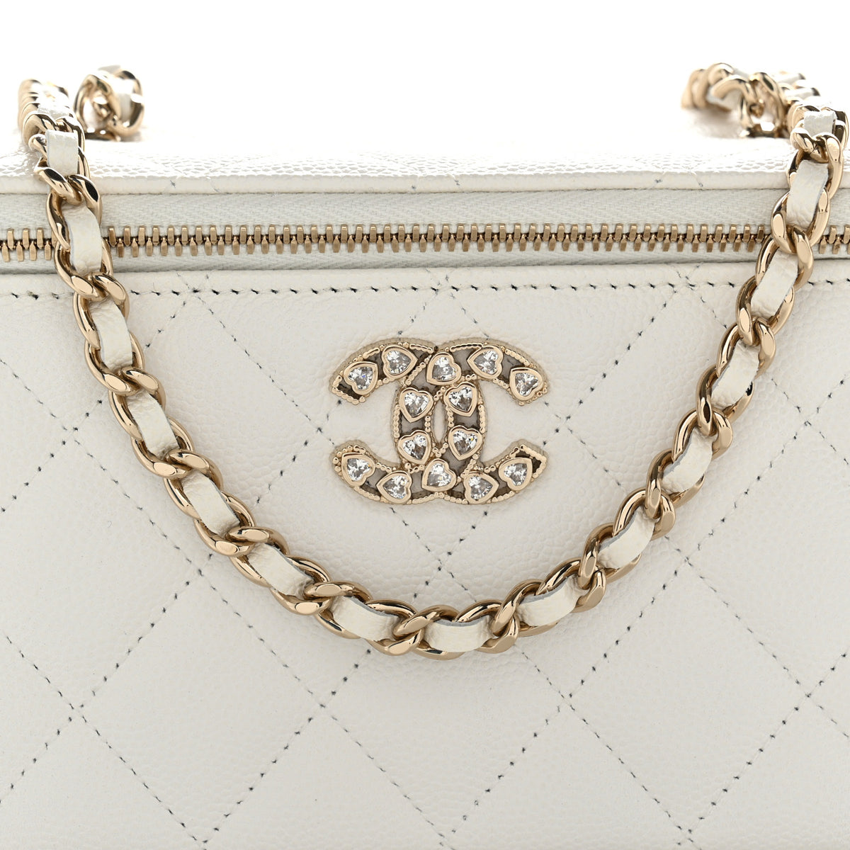 Chanel Caviar Quilted Crystal Hearts Small Vanity Case With Chain White 8 of 11
