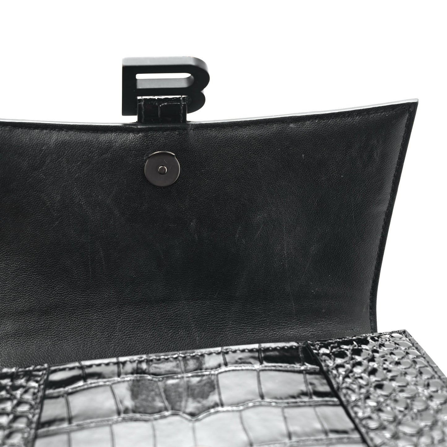 Shiny Calfskin Monochrome Crocodile Embossed Small Hourglass Top Handle Bag Black