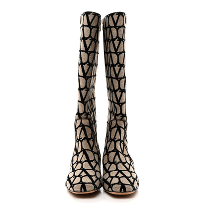 Valentino Garavani Toile Iconographe Calfskin Vlogo Knee High 30mm Boots 37 Naturale Black Fondant 2 of 8