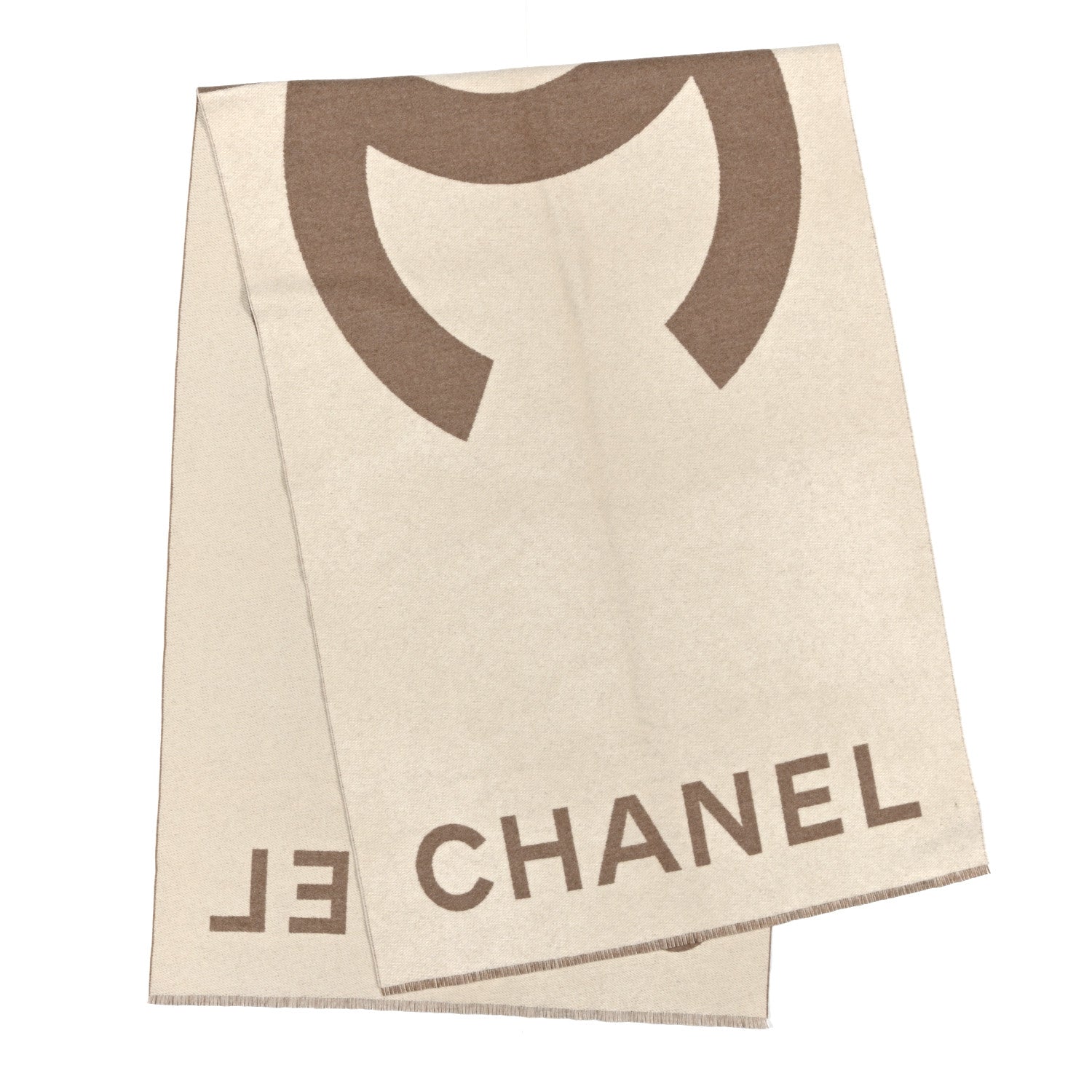 Chanel Cashmere CC Fringe Stole Beige White 2 of 5