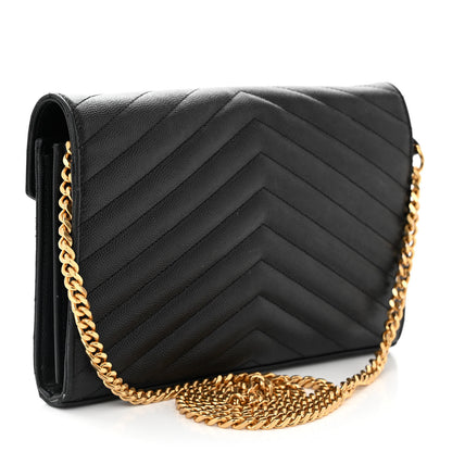 Saint Laurent Grain De Poudre Matelasse Chevron Monogram Chain Wallet Black 3 of 10