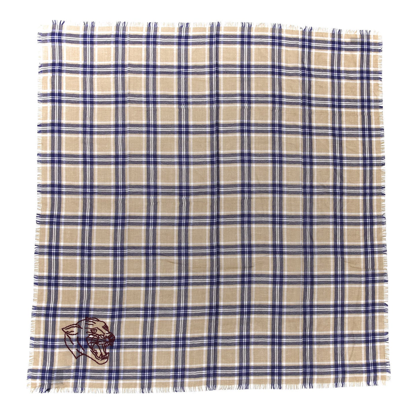 Wool Tiger Embroidered Plaid Scarf Beige Navy