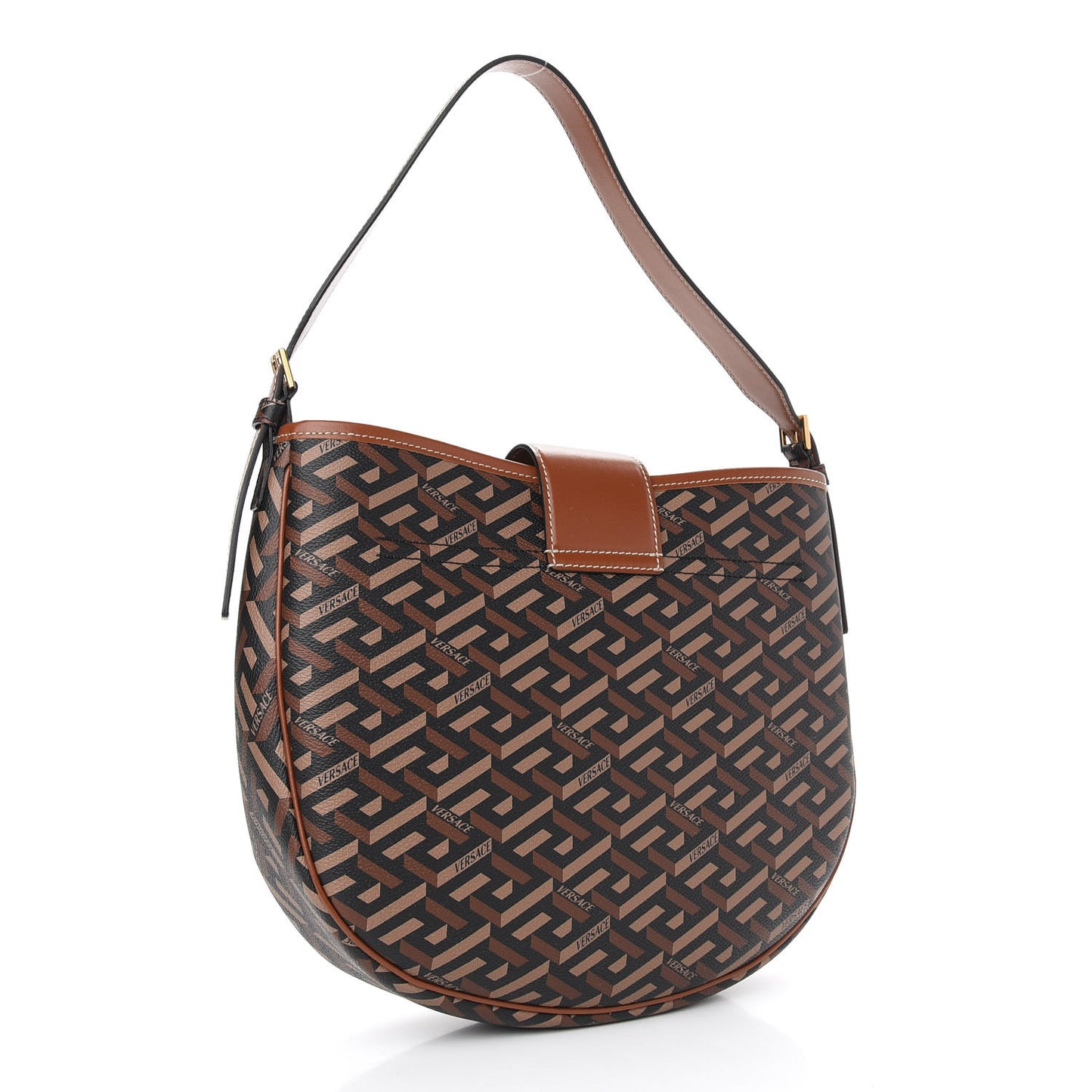 Coated Canvas Calfskin La Greca Signature Shoulder Bag Black Caramel