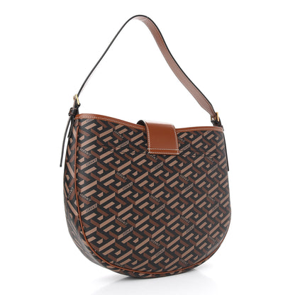 Versace Coated Canvas Calfskin La Greca Signature Shoulder Bag Black Caramel 3 of 8