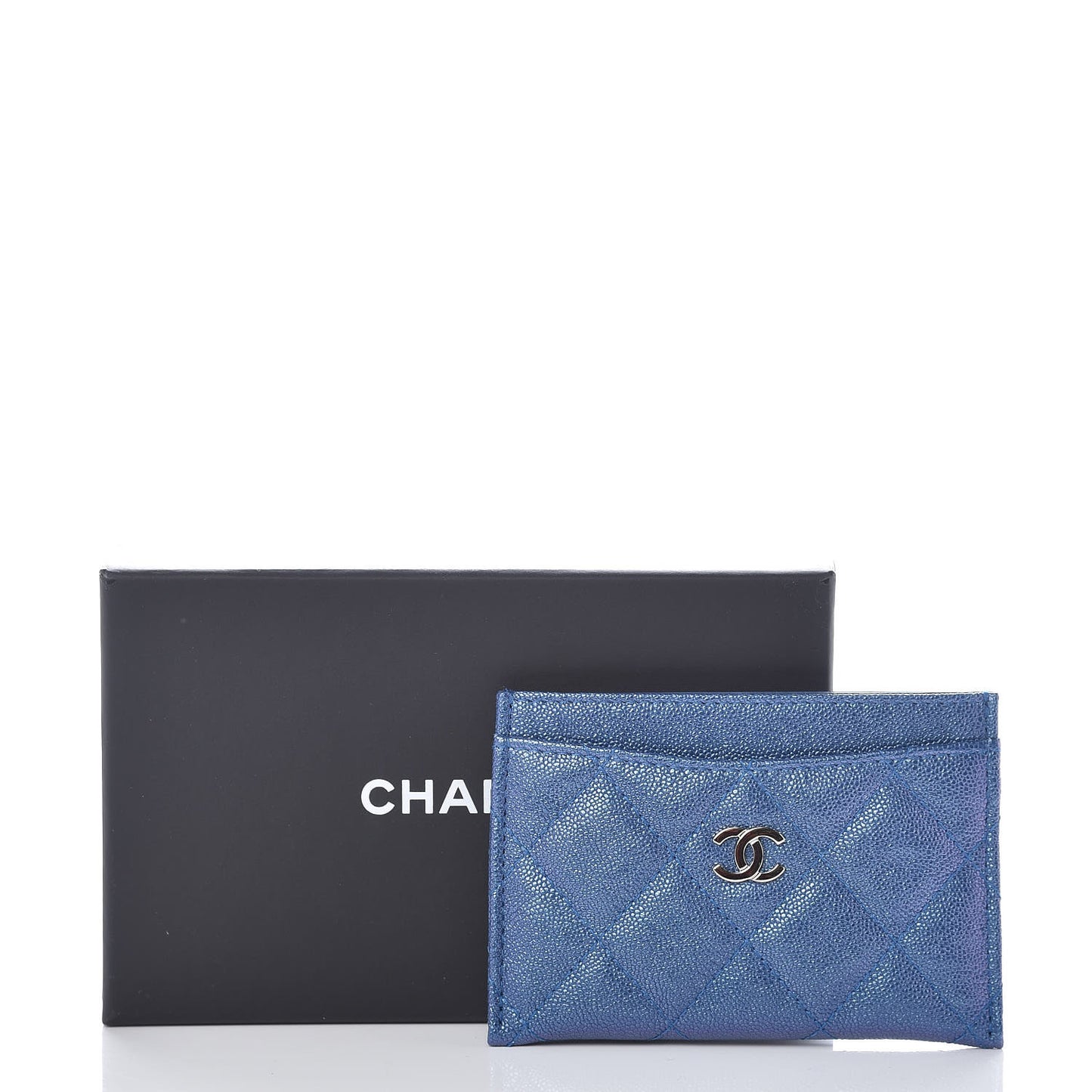 Iridescent Caviar Quilted Card Holder Blue Fonce