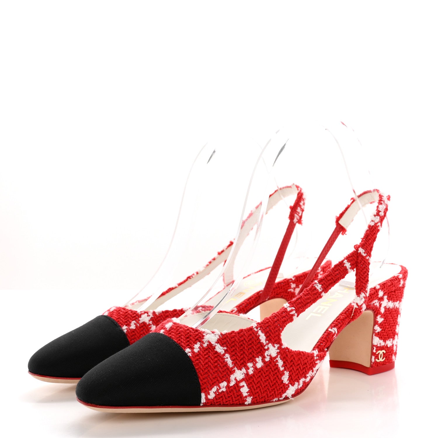Chanel Tweed Grosgrain Cap Toe CC Slingback Pumps 39.5 Red White 3 of 11