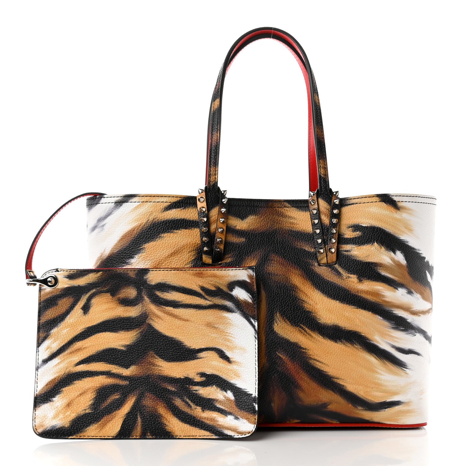 Christian Louboutin Calfskin Bengal Print Spikes East West Cabata Tote Brown 3 of 9