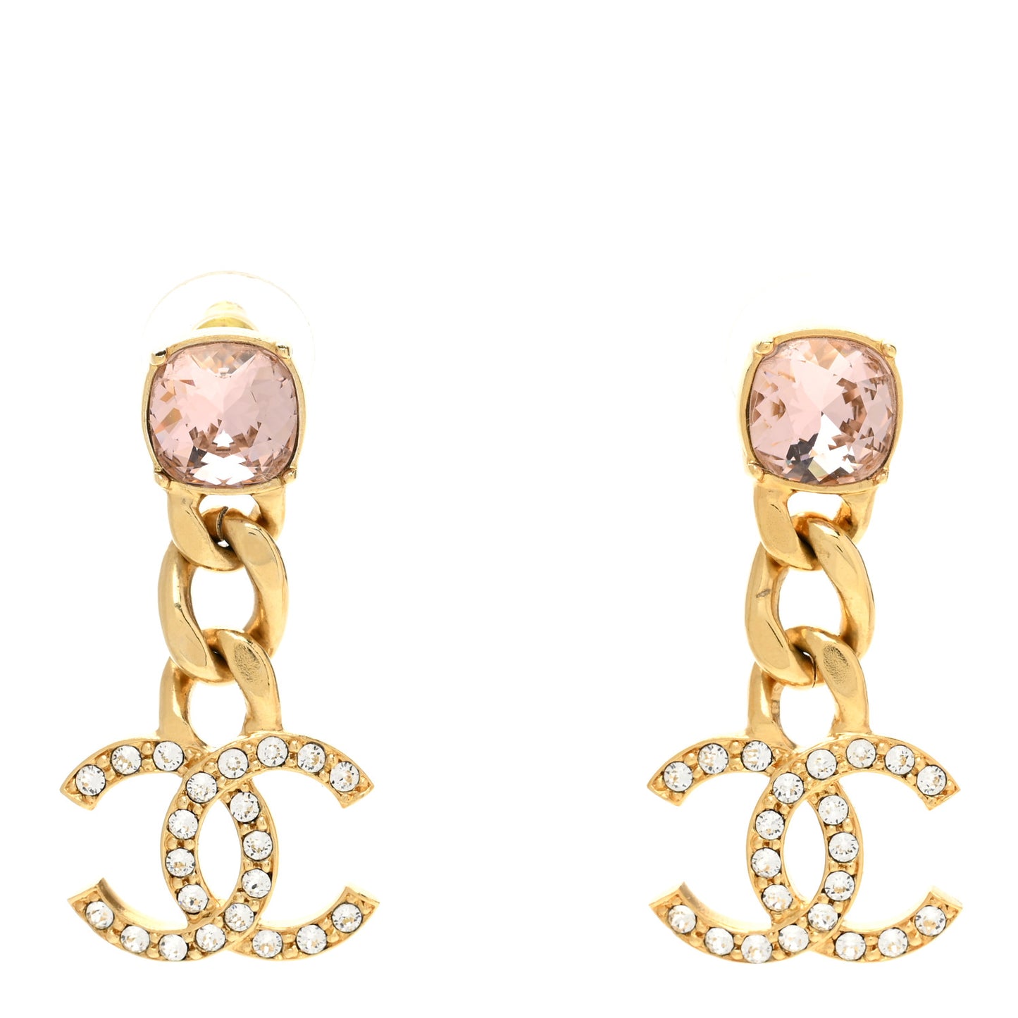 Glass Crystal CC Chain Drop Earrings Pink Gold