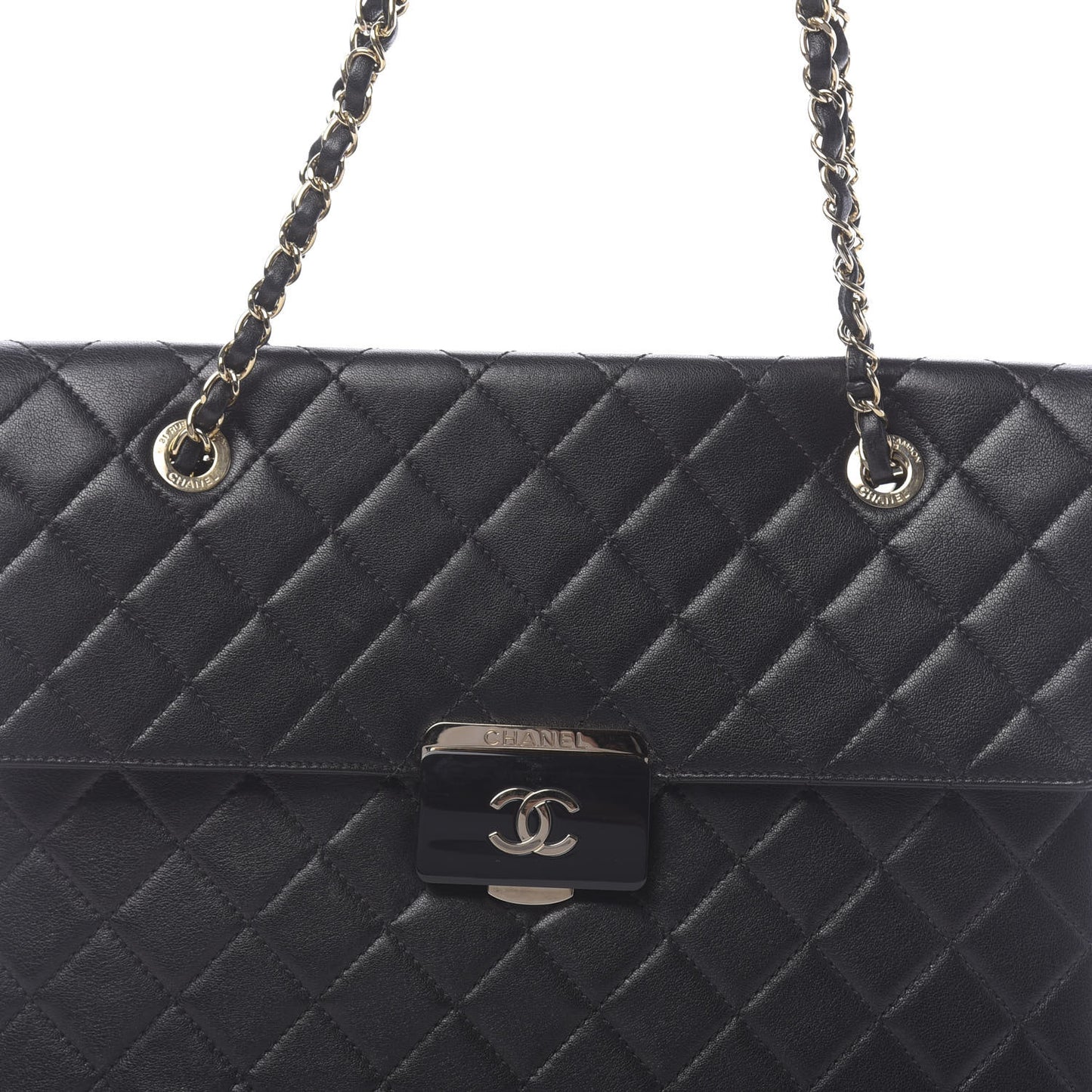 Sheepskin Quilted Beauty Lock Flap Shopping Tote Black