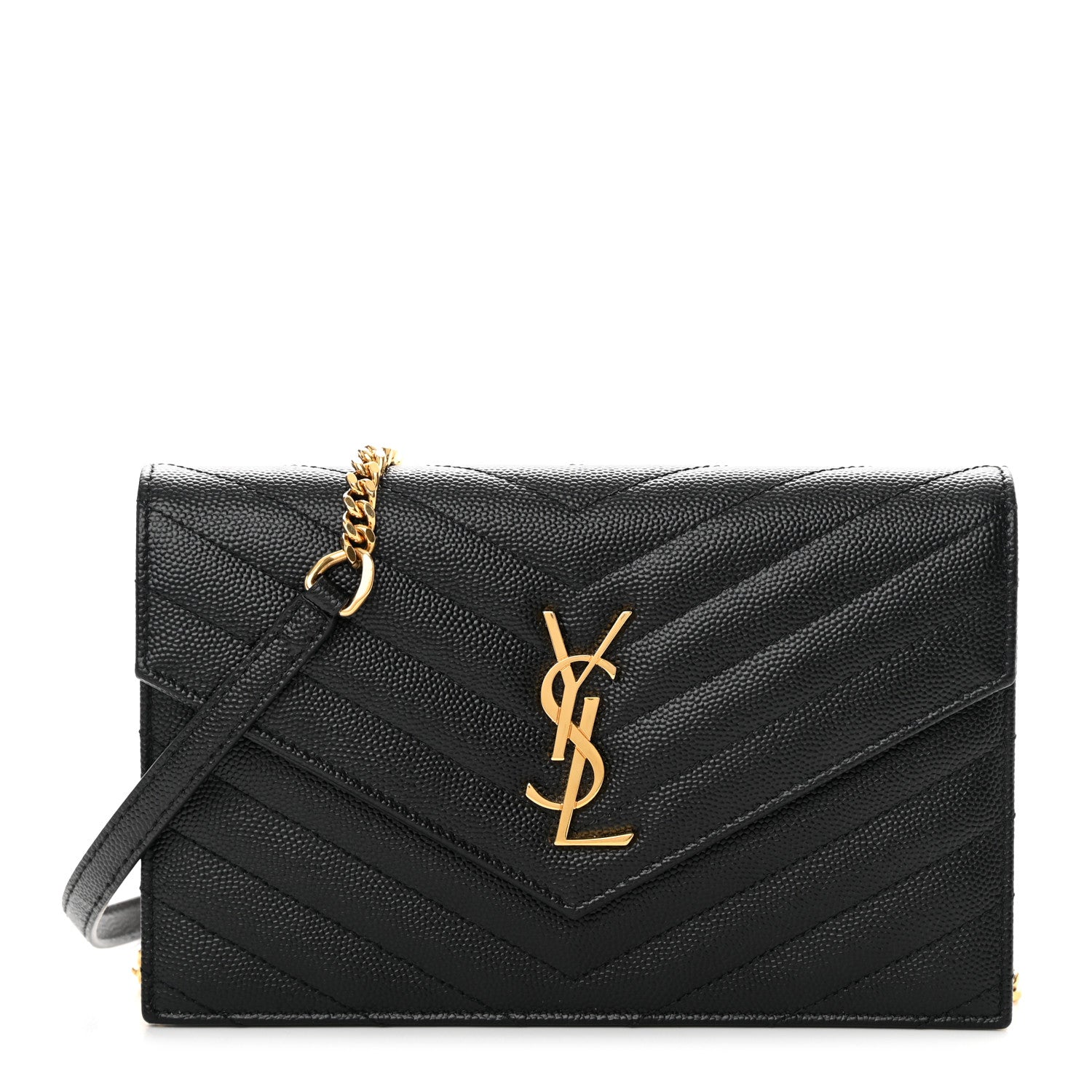 Saint Laurent Grain De Poudre Matelasse Chevron Monogram Envelope Chain Wallet Black 1 of 13