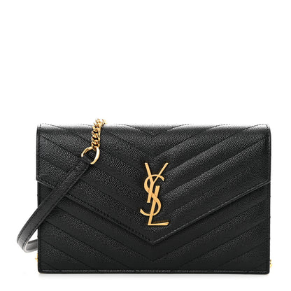 Saint Laurent Grain De Poudre Matelasse Chevron Monogram Envelope Chain Wallet Black 1 of 13