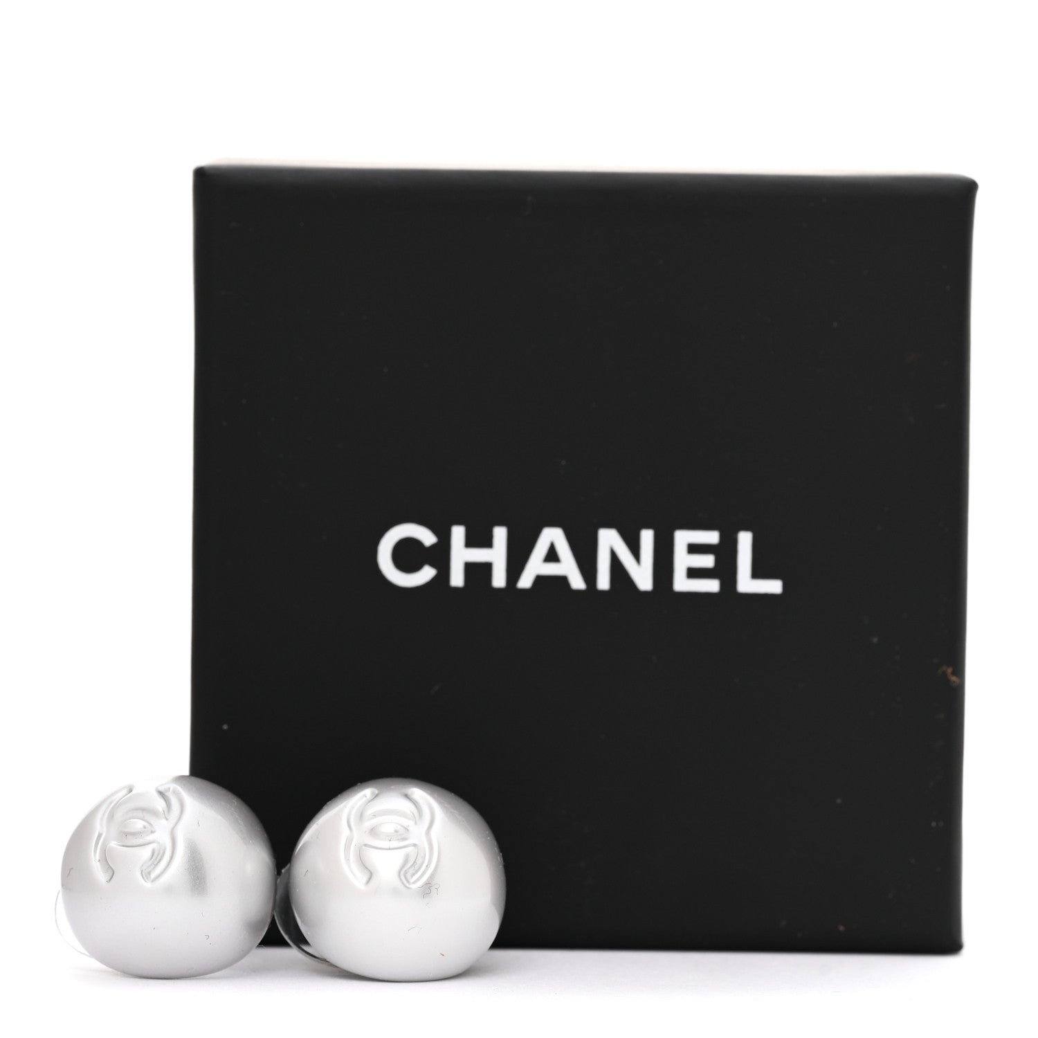 Chanel Resin Metal CC Stud Earrings Silver Pearly White 5 of 5