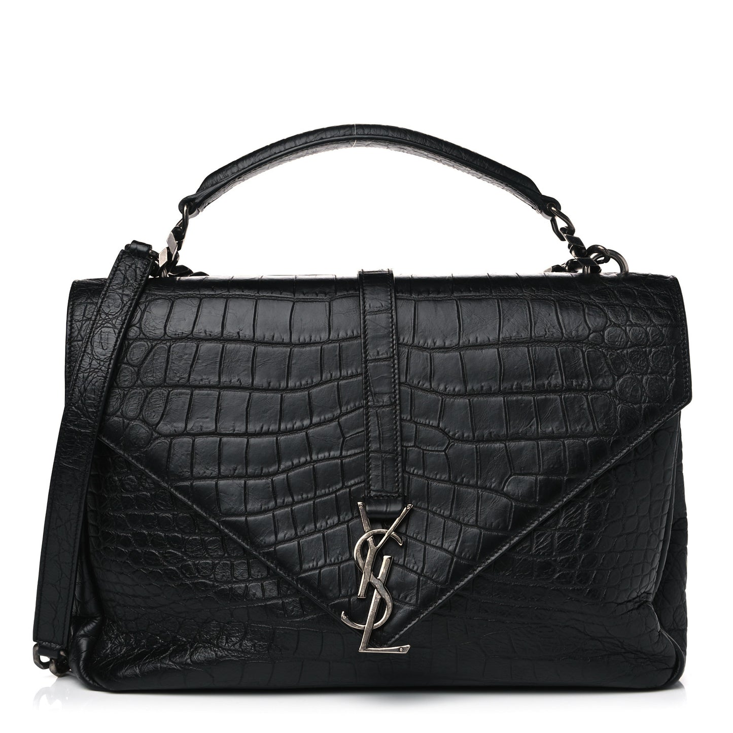 Calfskin Crocodile Embossed Monogram Large College Satchel Black