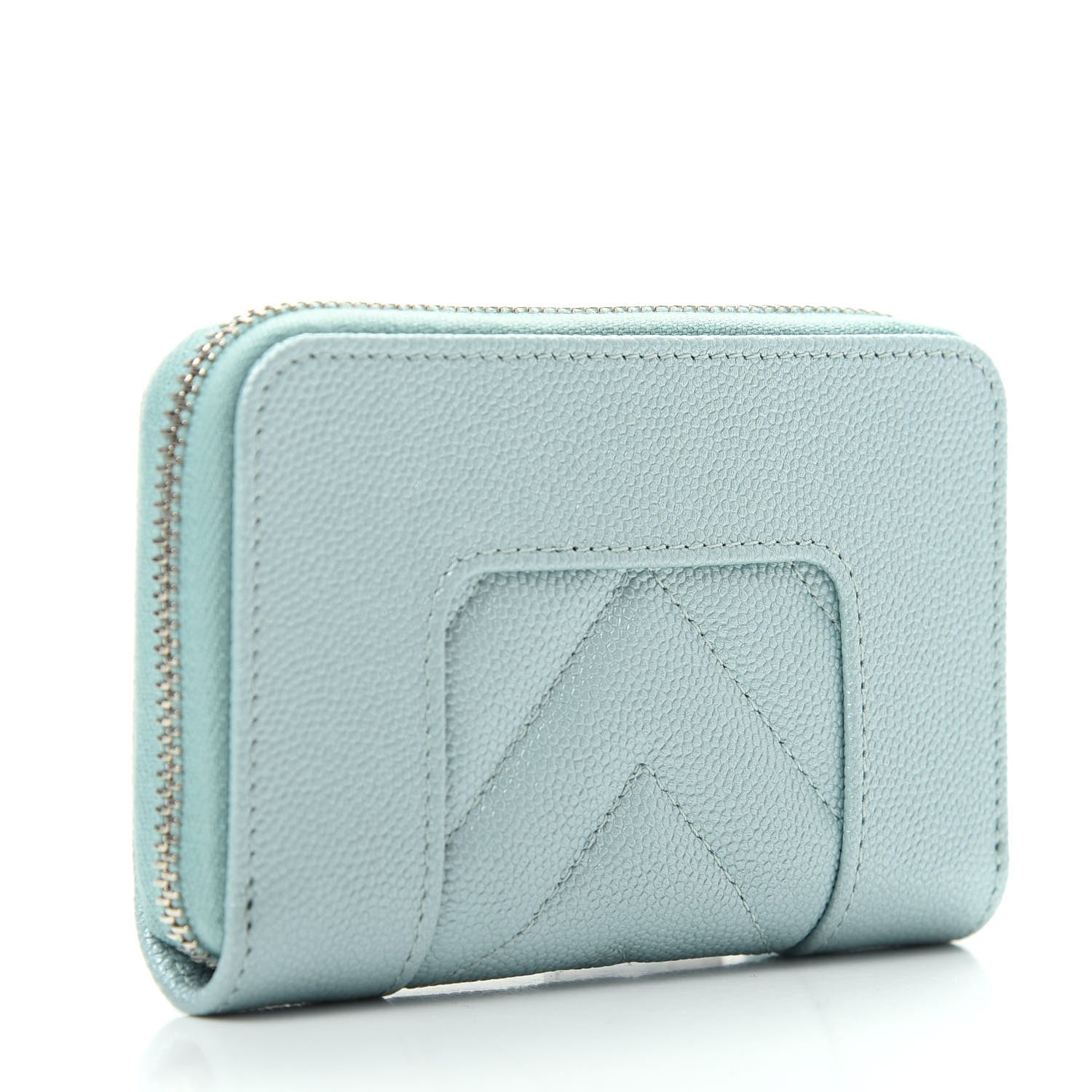 Chanel Metallic Caviar Chevron Quilted Vintage Mademoiselle Zip Coin Purse Light Blue 3 of 8