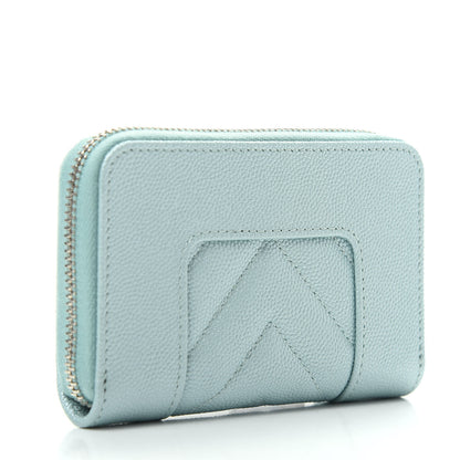 Chanel Metallic Caviar Chevron Quilted Vintage Mademoiselle Zip Coin Purse Light Blue 3 of 8