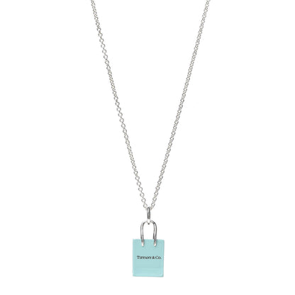 Tiffany Sterling Silver Enamel Shopping Bag Pendant Necklace Blue 1 of 6