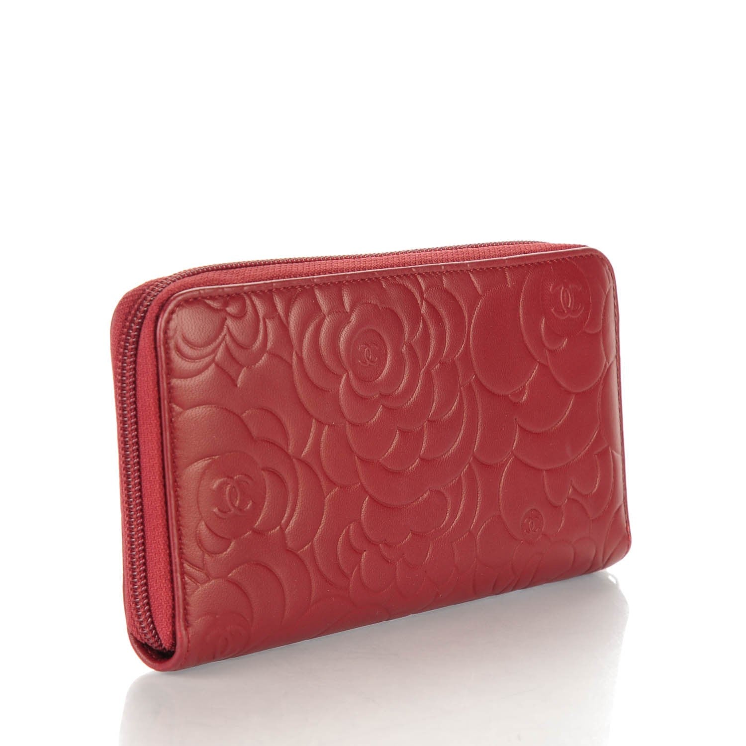 Chanel Lambskin Camellia Embossed Large Gusset Zip Around Wallet Red 3 of 9
