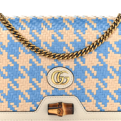 Gucci Polished Raffia Textured Dollar Calfskin Houndstooth Mini Diana Chain Bag Natural Light Blue Mystic White 8 of 10