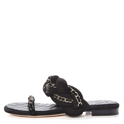 Chanel Kid Suede Braided Chain CC Slide Flat Sandals 35 Black 1 of 9