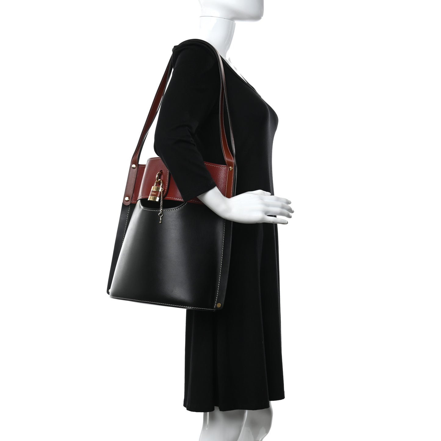 Shiny Calfskin Goatskin Medium Aby Bi-Color Bucket Bag Black