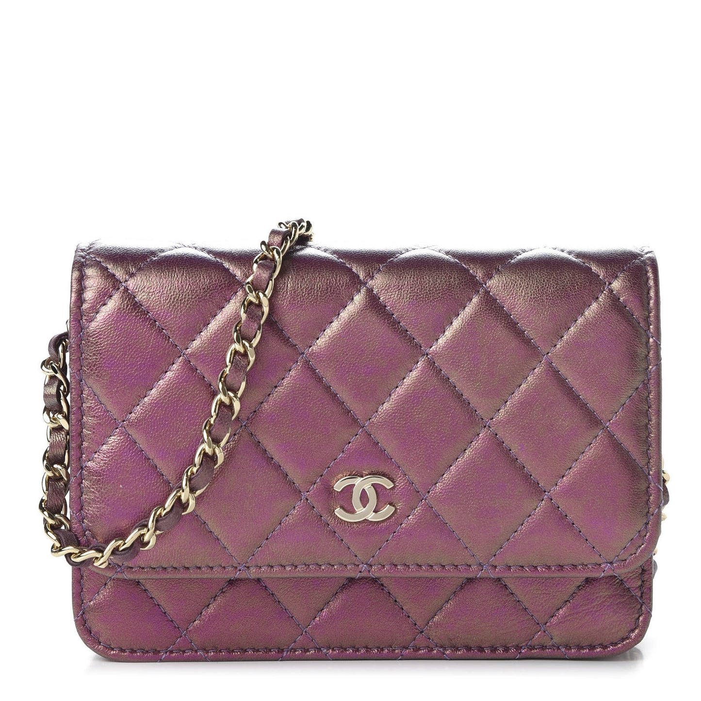 Iridescent Lambskin Quilted Mini Wallet On Chain WOC Purple