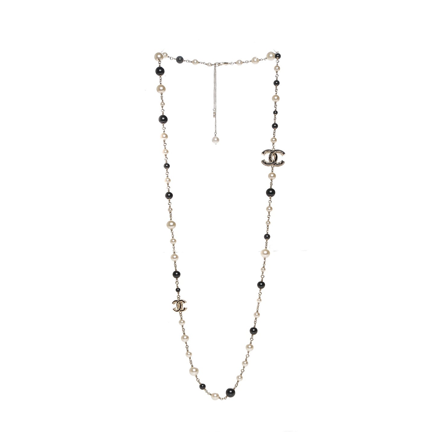 Pearl Bead Enamel CC Long Necklace Black Gold