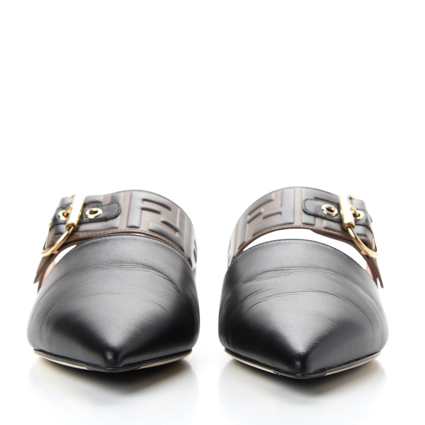 Vitello FF Embossed Pearland Buckle Flat Mules 39 Maya Black