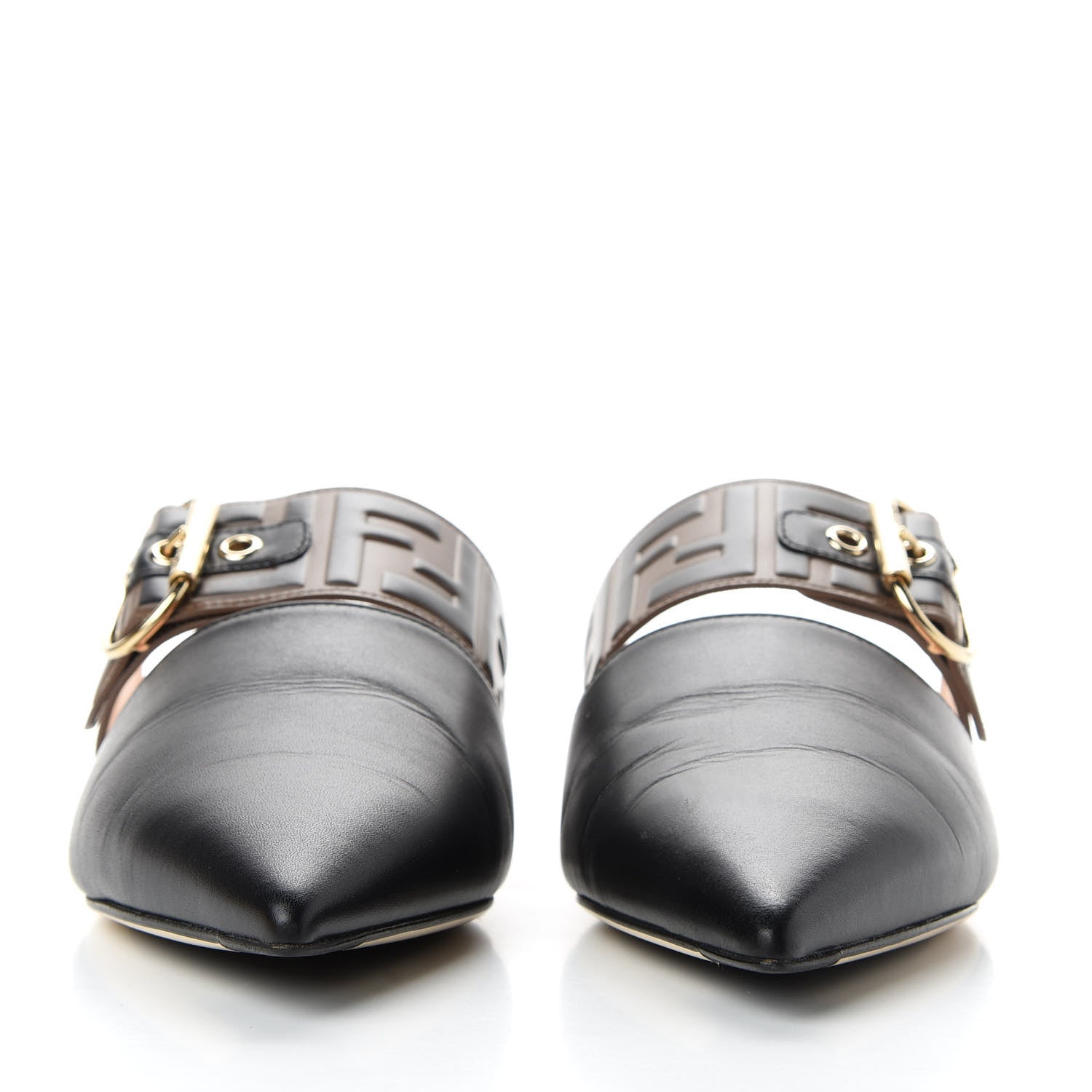 Fendi Vitello FF Embossed Pearland Buckle Flat Mules 39 Maya Black 2 of 11