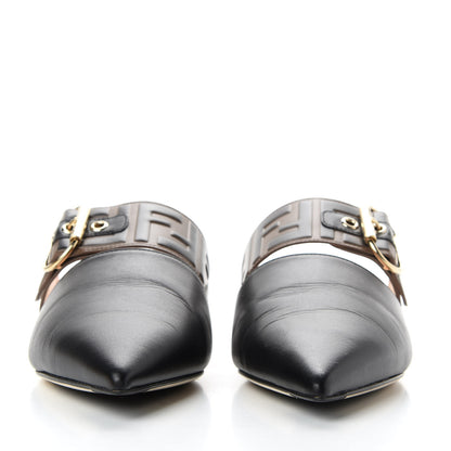 Fendi Vitello FF Embossed Pearland Buckle Flat Mules 39 Maya Black 2 of 11