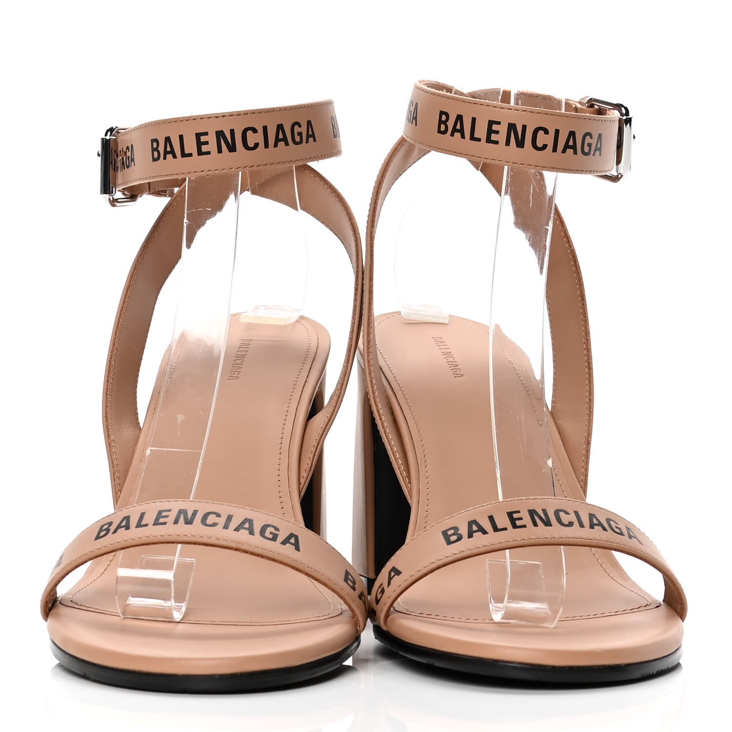 Balenciaga Smooth Calfskin Allover Logo Ankle Strap Round Heel 80mm Sandals 38.5 Beige Black 2 of 10