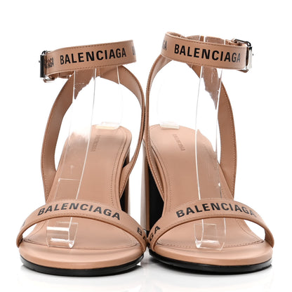 Balenciaga Smooth Calfskin Allover Logo Ankle Strap Round Heel 80mm Sandals 38.5 Beige Black 2 of 10