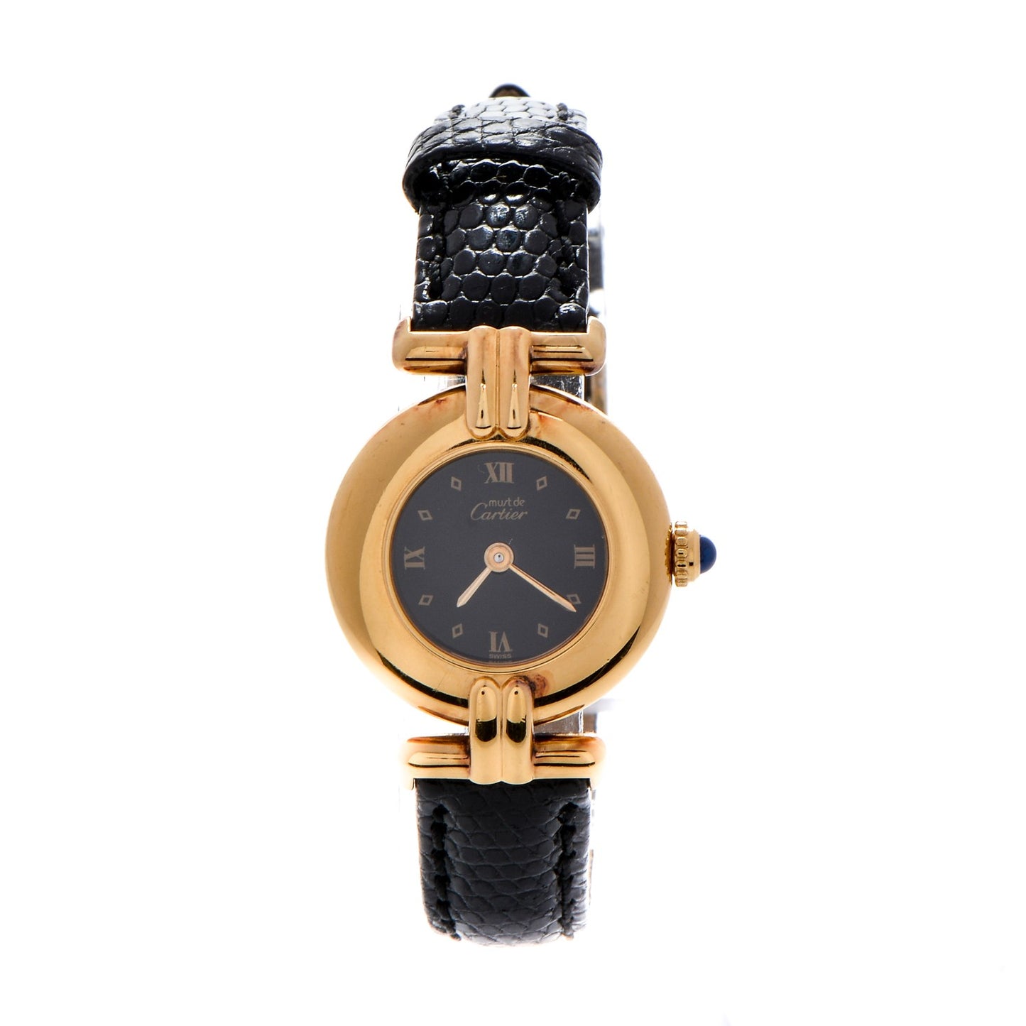 Sterling Silver Vermeil Lizard 23mm Must De Cartier Quartz Watch Black
