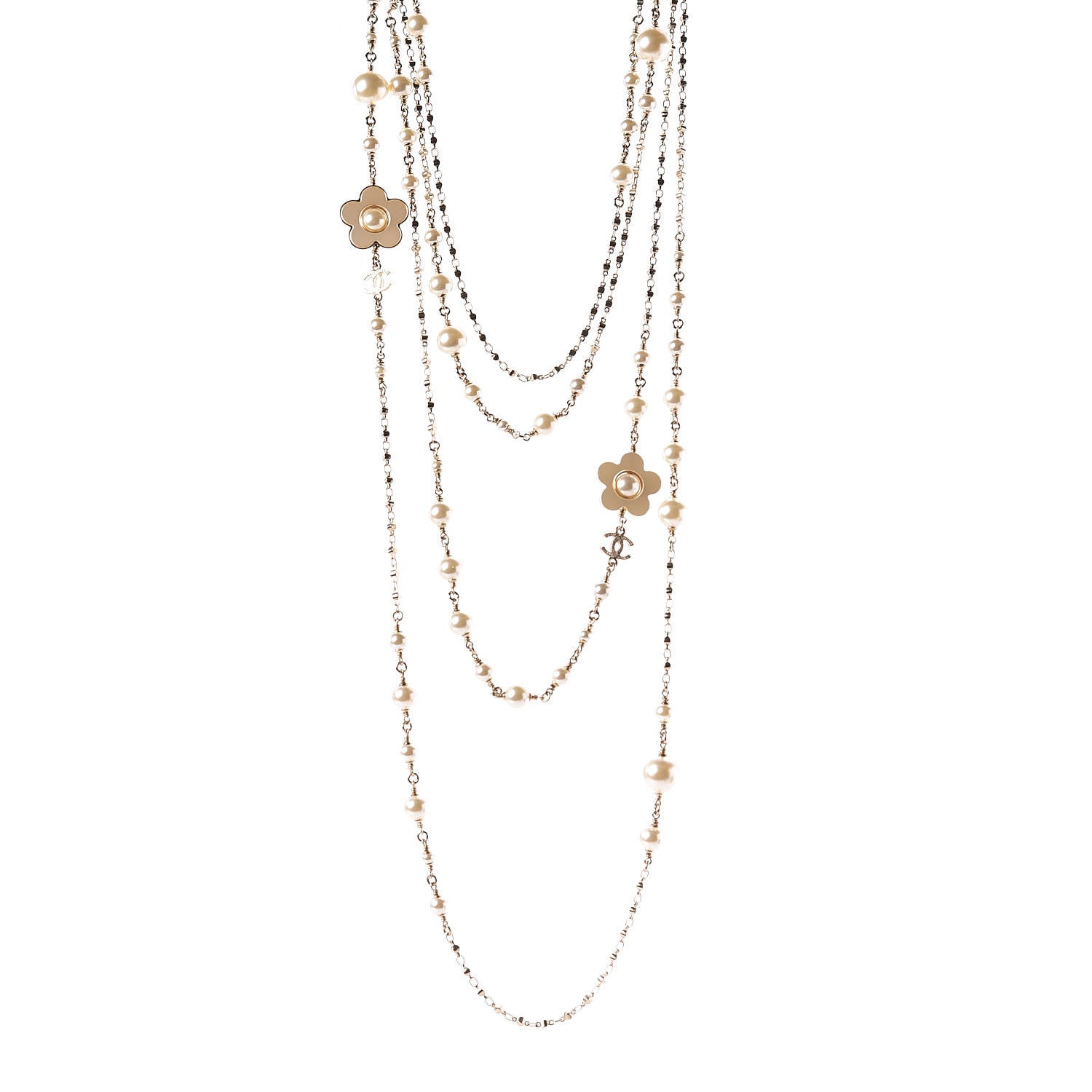 Chanel Pearl Flower CC Multi Strand Long Necklace Gold 1 of 8