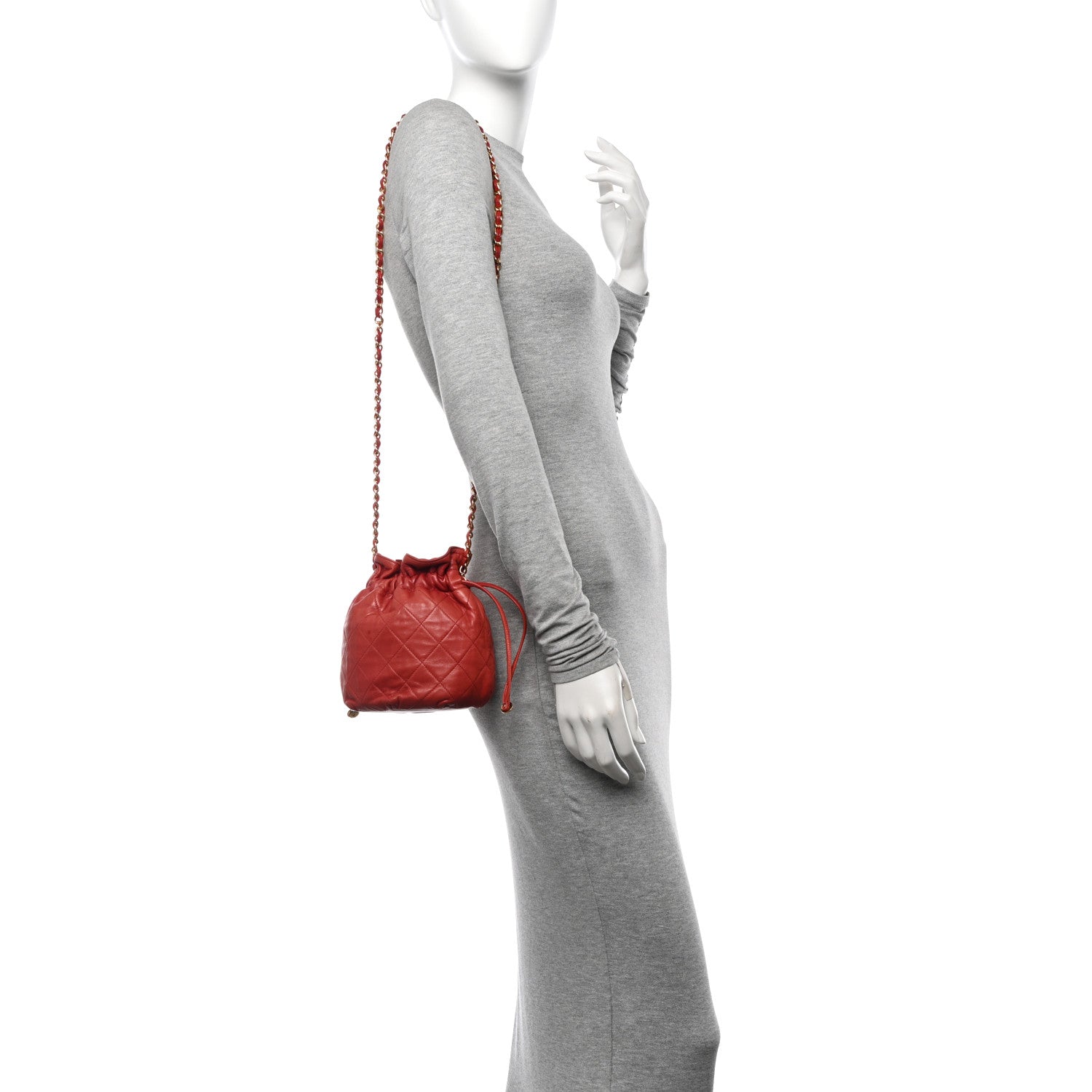Chanel Lambskin Quilted Mini Drawstring Bucket Bag Red 2 of 15