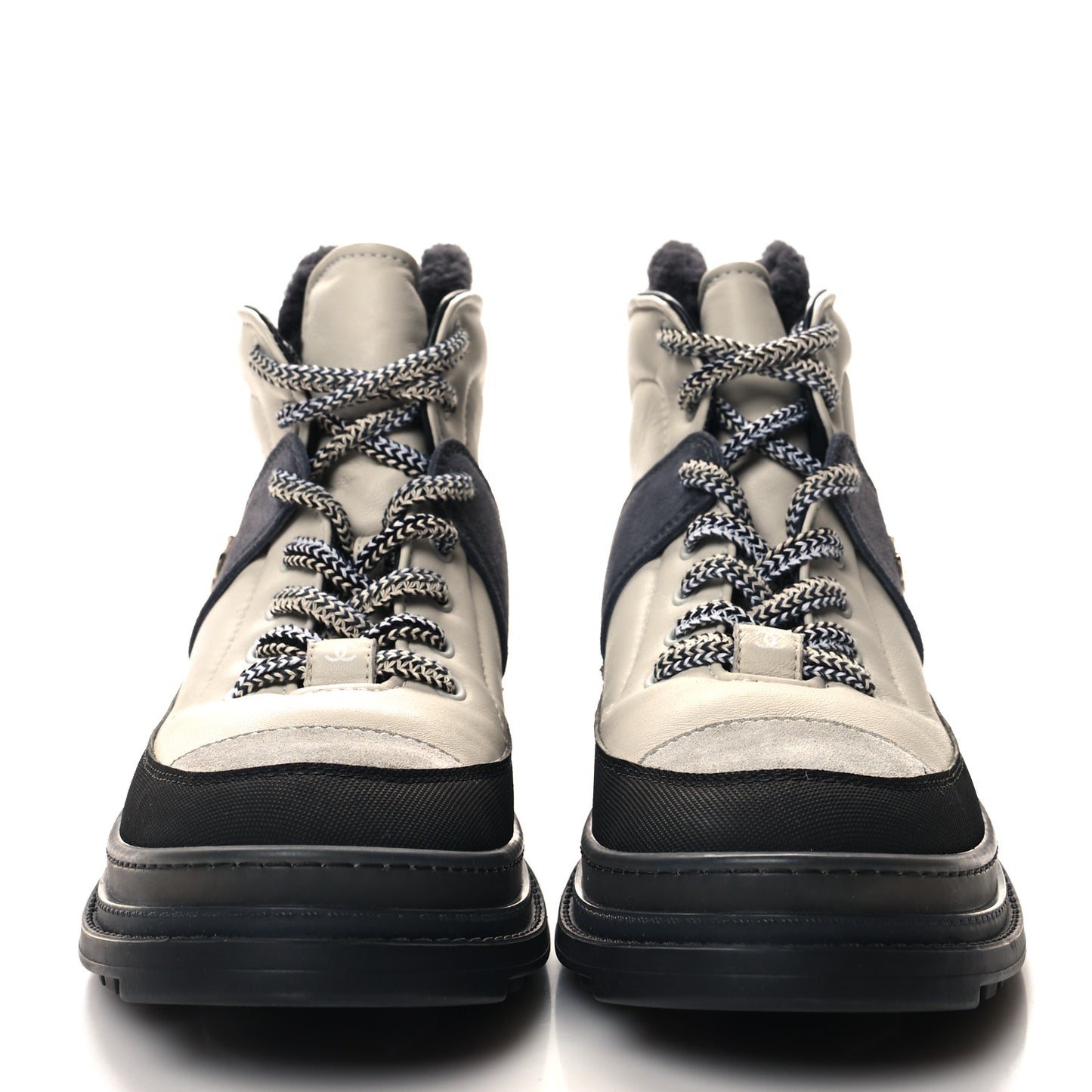 Lambskin Shearling Suede CC High Lace Up Boots 41 Grey Black