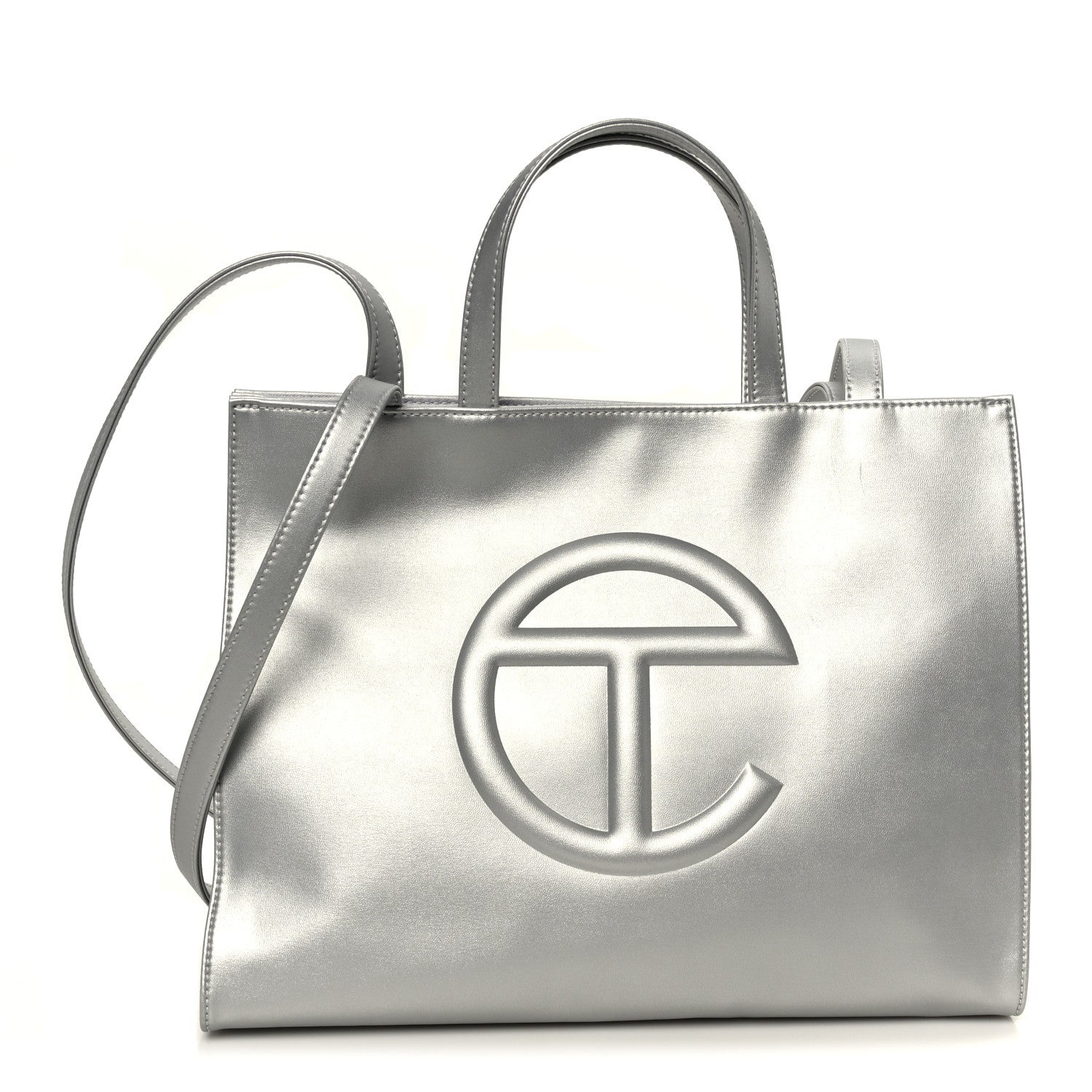 新品❤未使用 TELFAR シルバー ロゴ入り ショルダーバッグ Telfar Metallic Vegan Leather Medium Shopping Bag Silver 1858556