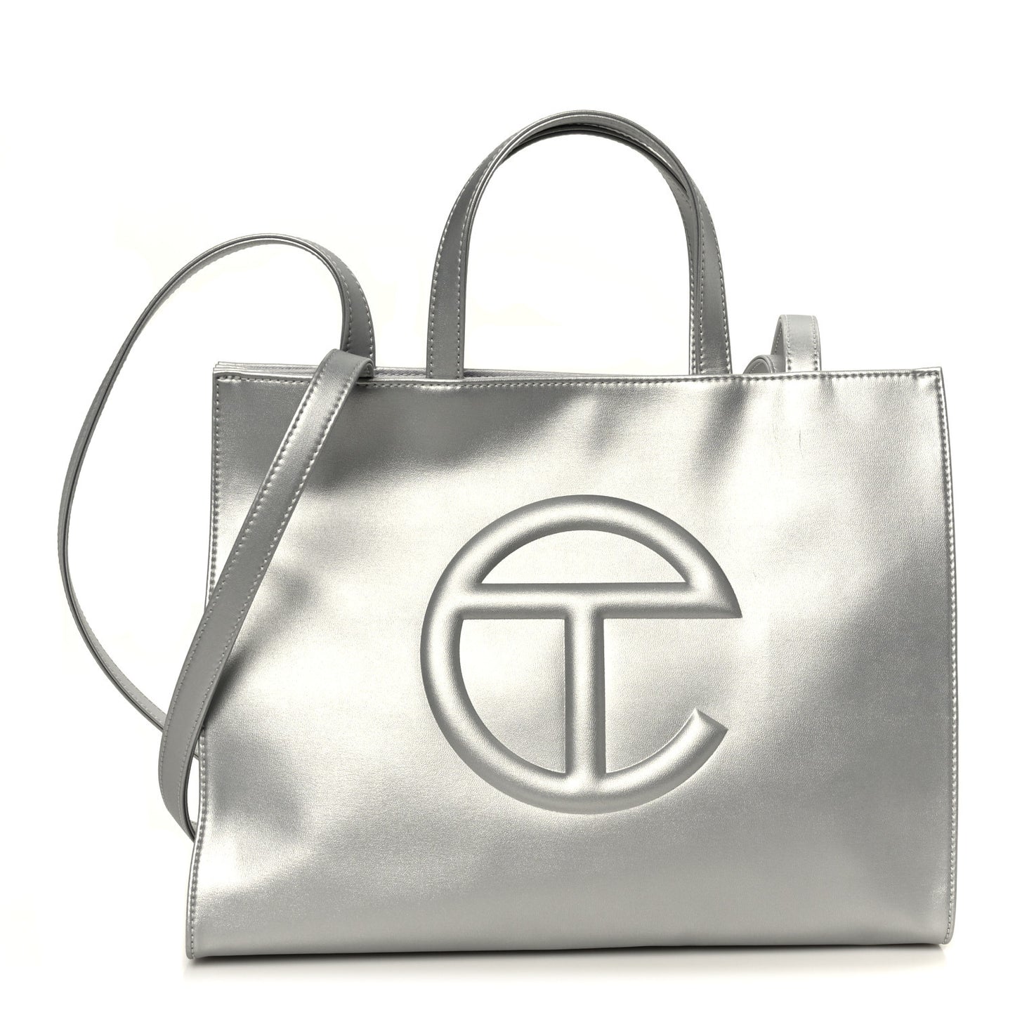 Metallic Vegan Leather Medium Shopping Bag Silver