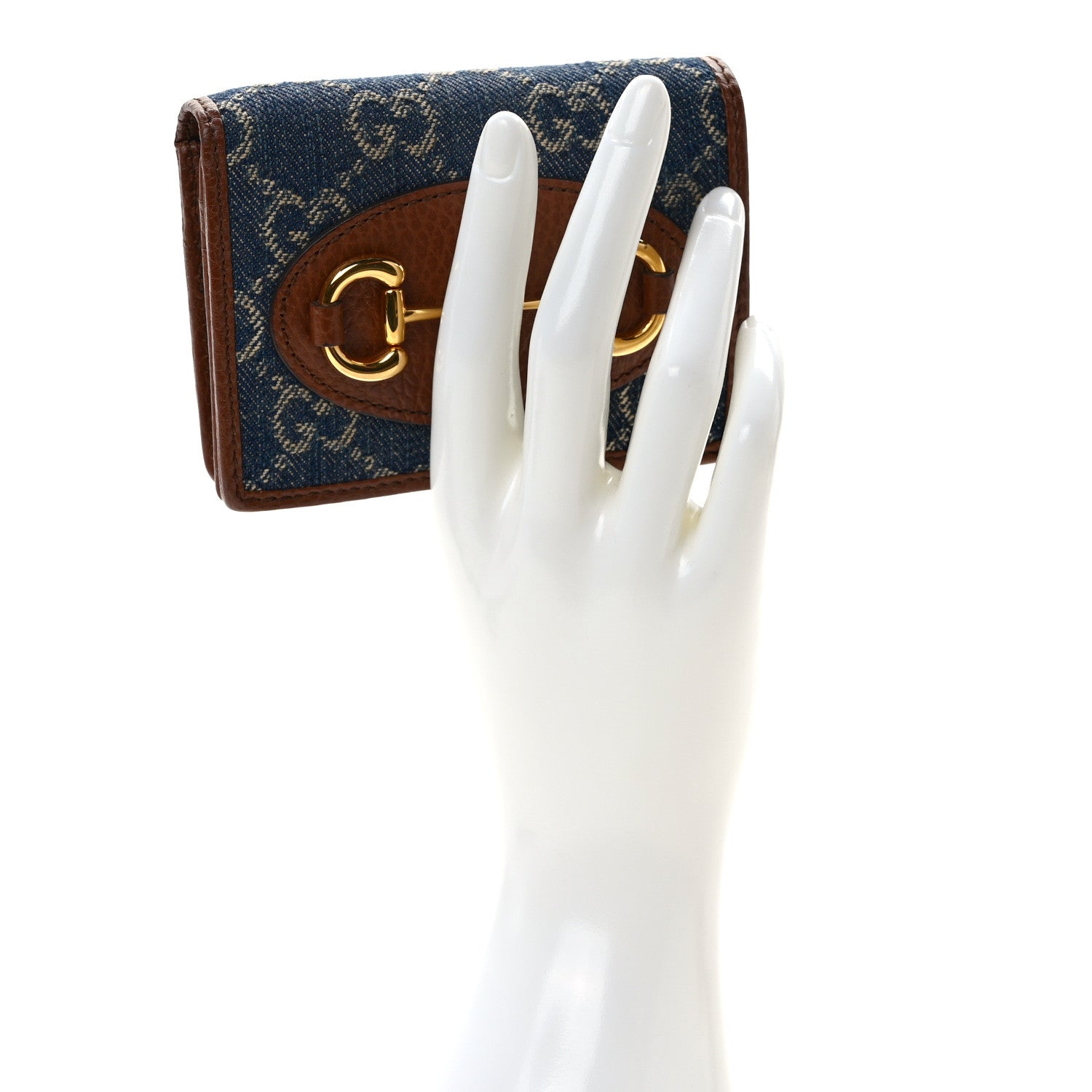 Gucci New Denim GG Monogram Dollar Calfskin Horsebit 1955 Card Case Wallet Blue Tea Cuir Epilog 2 of 9