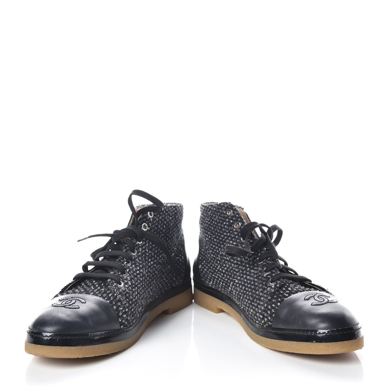 Chanel Tweed Calfskin Patent CC Lace Up Short Boots 41 Black Grey Dark Navy 5 of 17