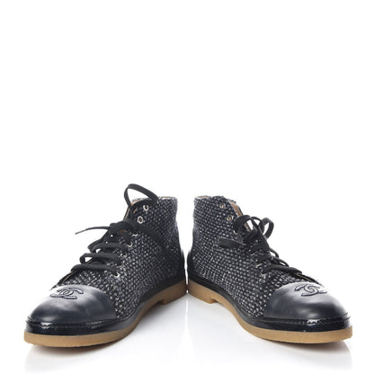 Chanel Tweed Calfskin Patent CC Lace Up Short Boots 41 Black Grey Dark Navy 5 of 17