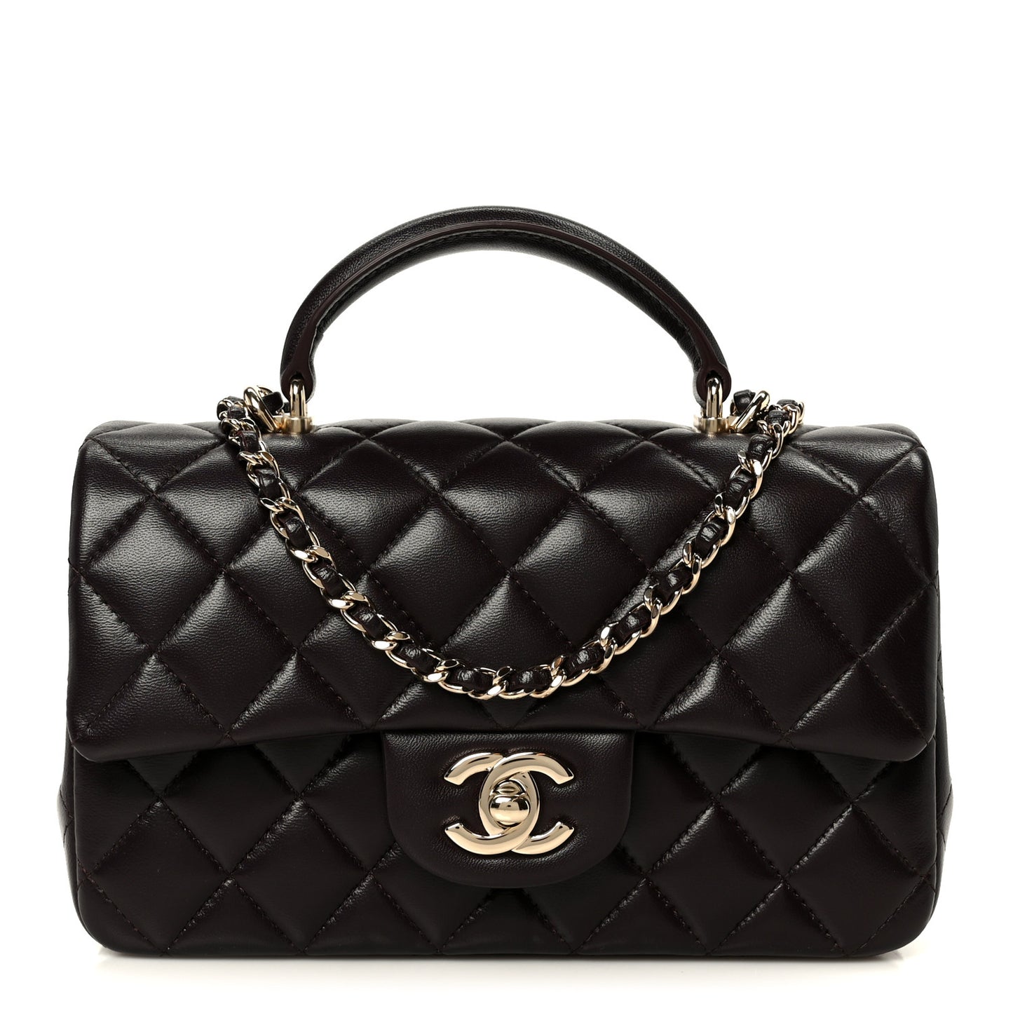 Lambskin Quilted Mini Top Handle Rectangular Flap Dark Brown