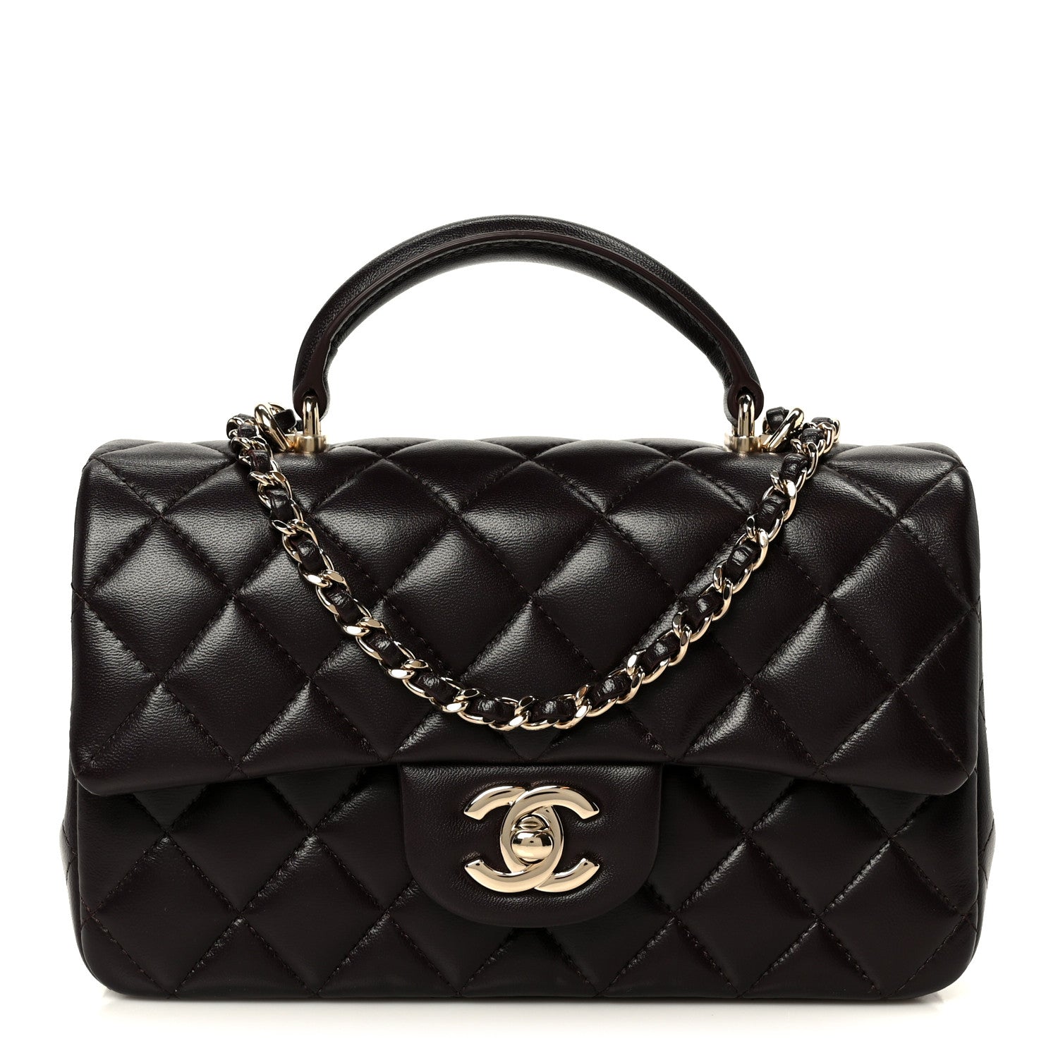 Chanel Lambskin Quilted Mini Top Handle Rectangular Flap Dark Brown 1 of 12
