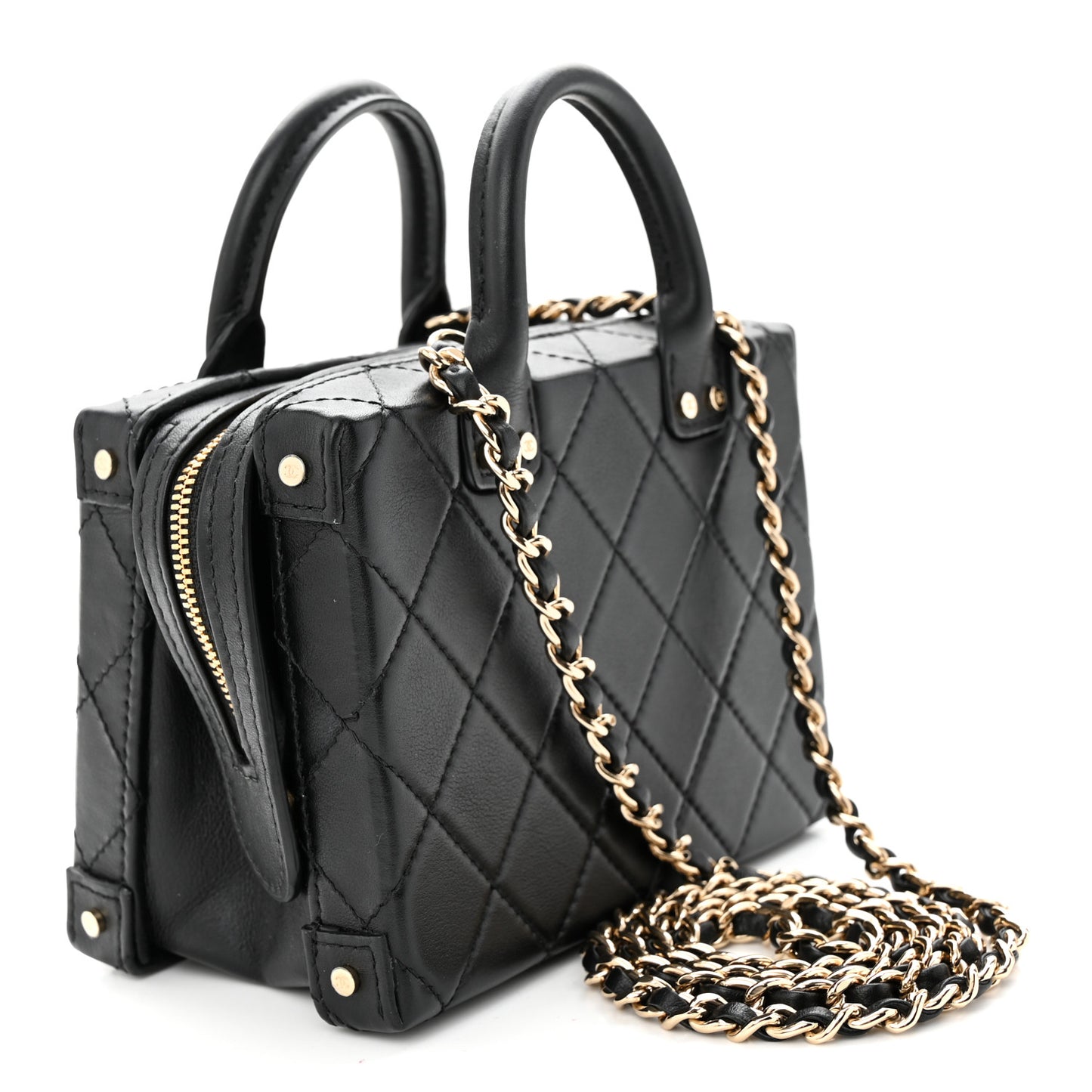 Calfskin Quilted Small Studded Square Vanity Case Black