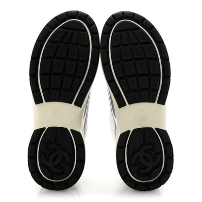 Chanel Fabric Laminated Calfskin Stretch CC Womens Sneakers 38.5 Ivory White Silver 6 of 10